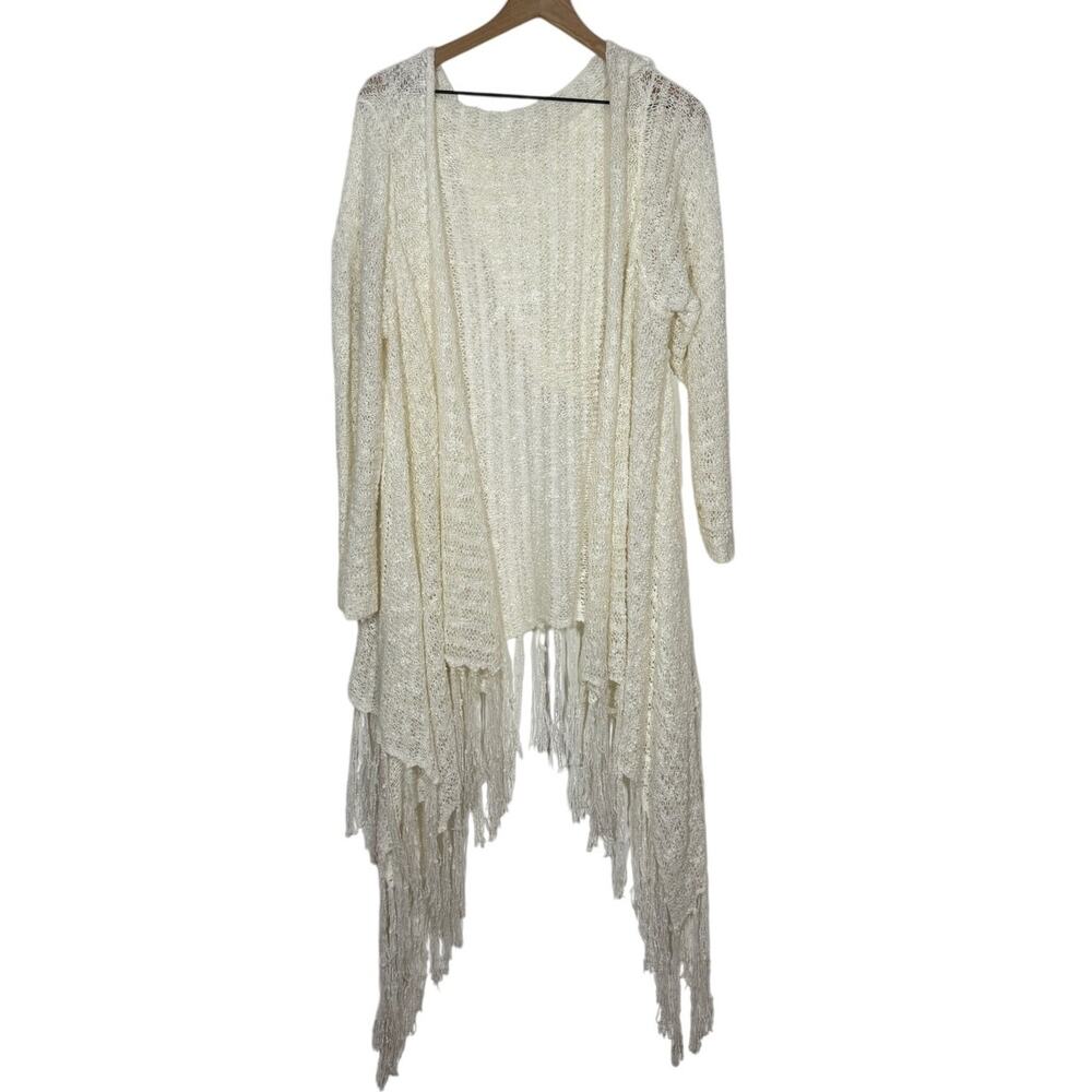 Cato Open Knit Hooded Cardigan Size 18/20W White Fringe Boho Festival Cottage